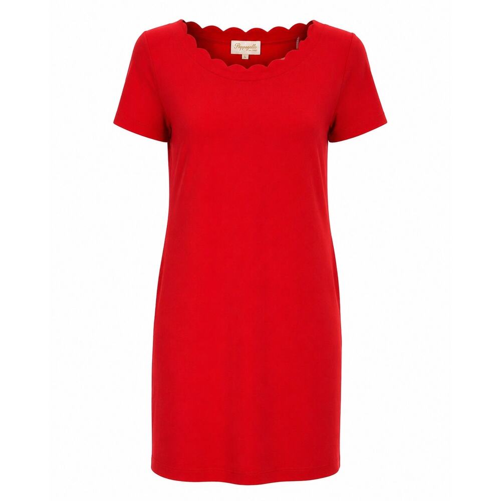 Pappagallo Red Shift Dress Scalloped Neckline Soft Stretch Classic Elegant Large